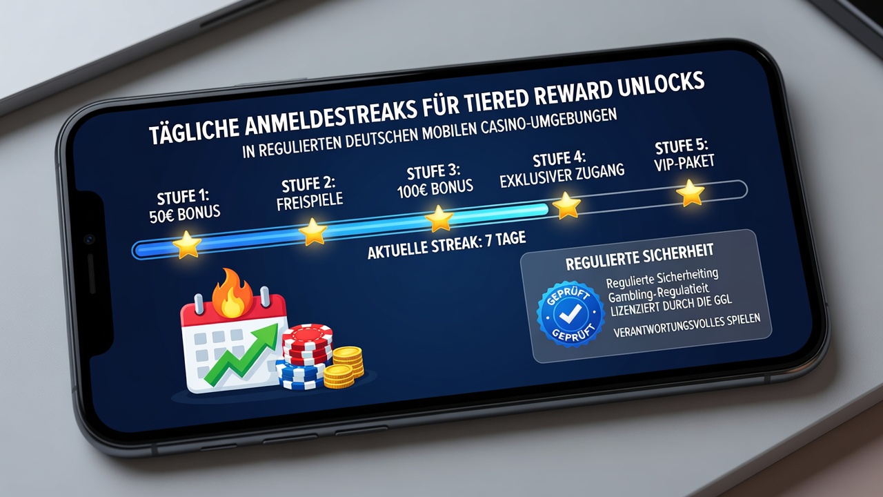 Visualisierung gestaffelter Belohnungstiers mit Login-Streak-Indikatoren in einer mobilen Casino-App