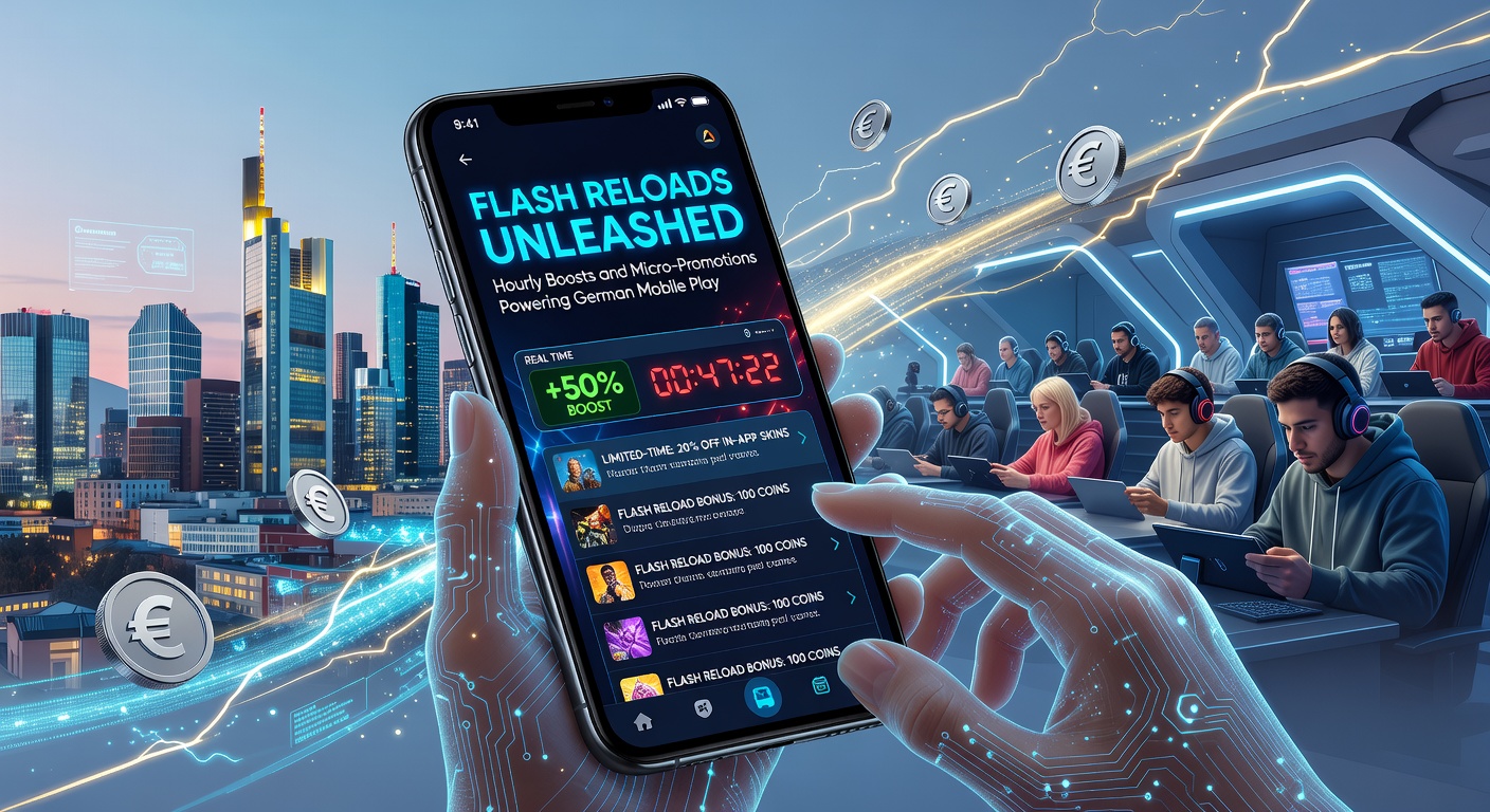 Smartphone mit leuchtenden Reload-Boni und Uhrzeigersymbolen auf einem Casino-App-Hintergrund, das stündliche Angebote in deutschen Mobile-Casinos symbolisiert