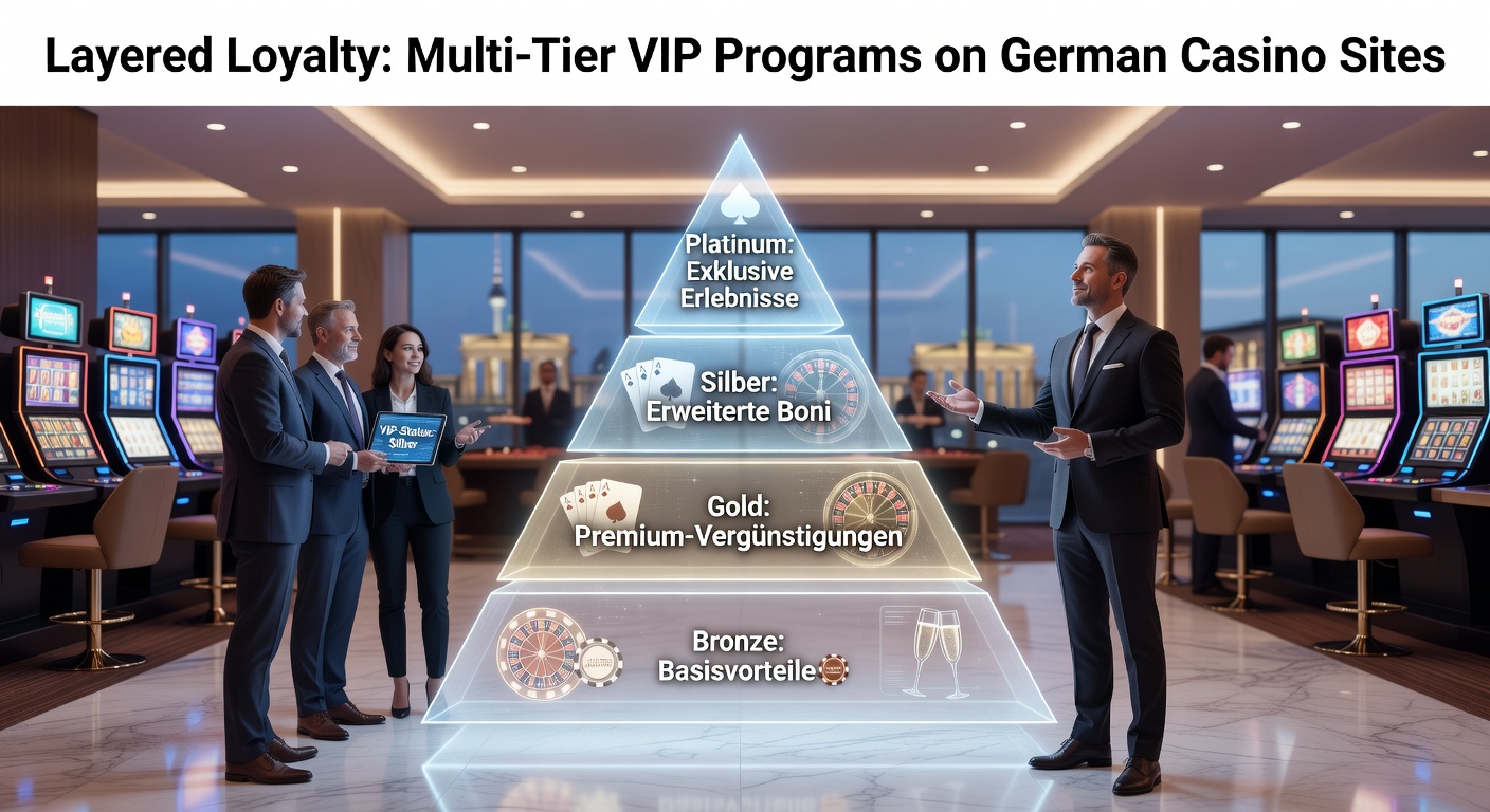 Darstellung eines mehrstufigen VIP-Treppenaufstiegs in einem modernen Casino-Umfeld mit goldenen Stufen und exklusiven Belohnungen