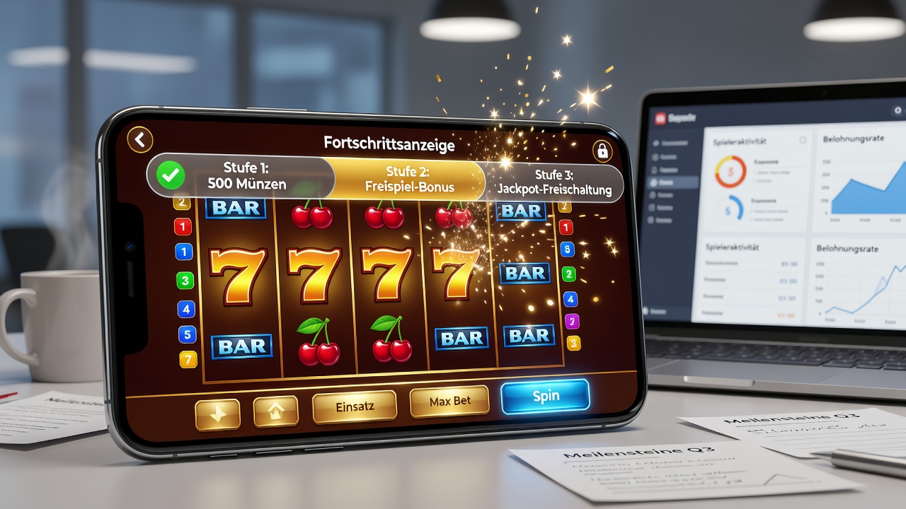 Fortschrittsanzeige und Belohnungsfreischaltung in einer deutschen mobilen Casino-App mit Slot-Symbolen und Meilenstein-Balken