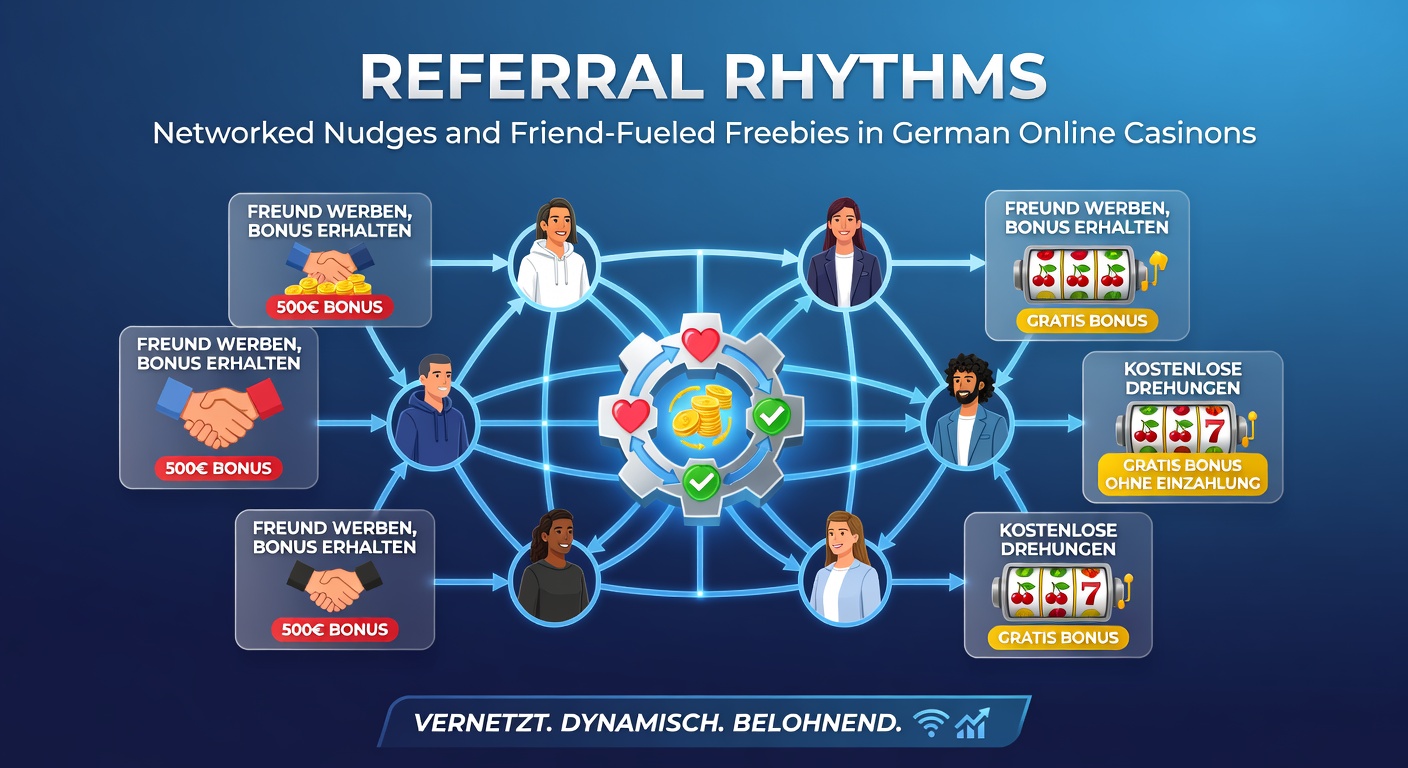 Gruppe von Spielern, die über Smartphones Referral-Boni in Online-Casinos teilen, mit Grafiken von Boni und Netzwerken im Hintergrund